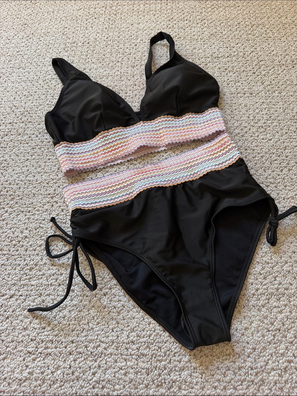 Black two piece Swimsuit with Multicolor Crochet Waistband. Med nvr worn